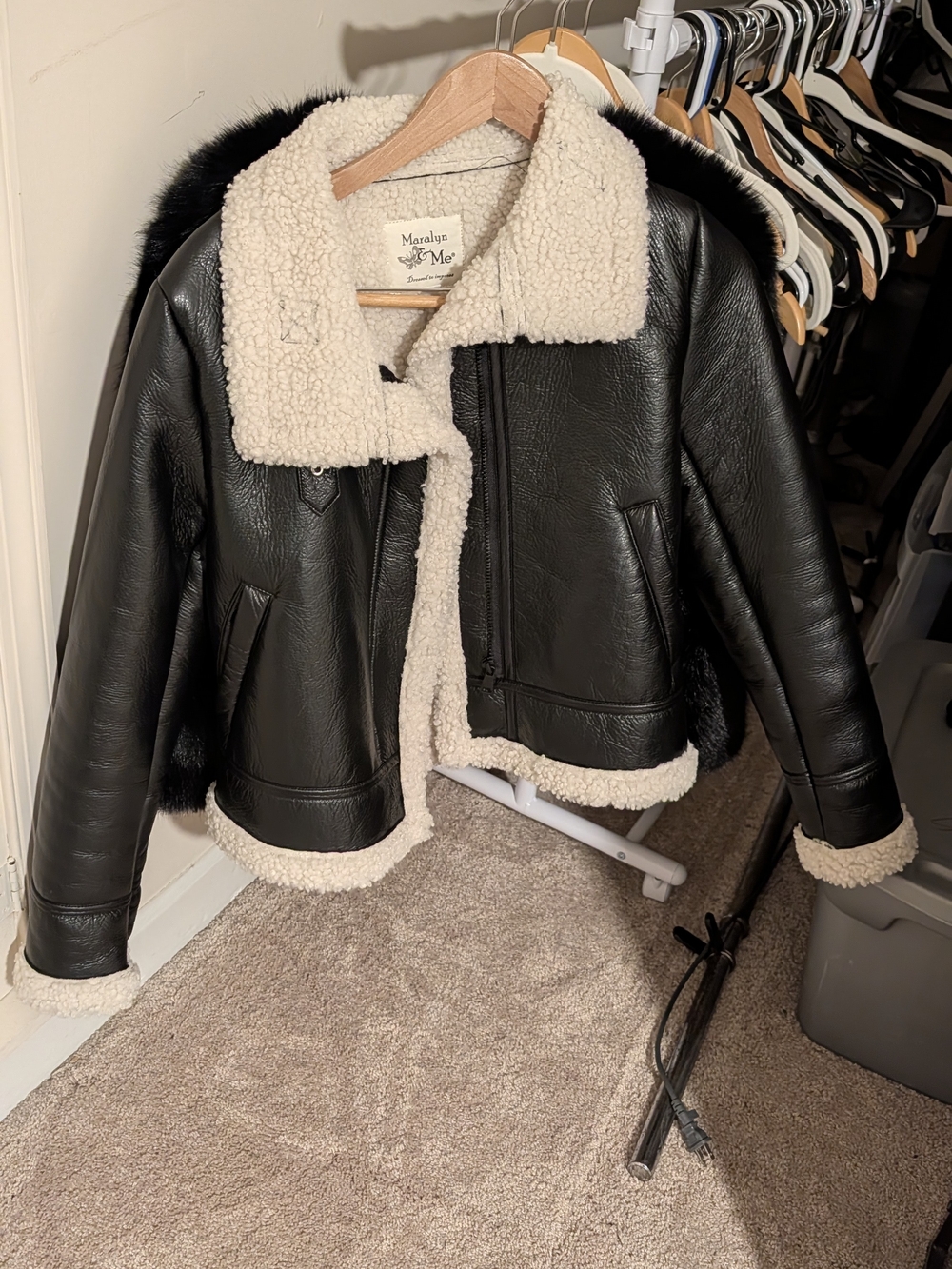 Maralyn & Me Black Faux Leather Jacket with Cream Sherpa Trim